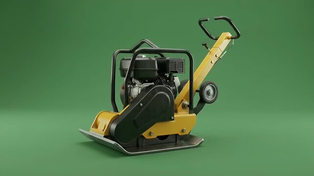 Yellow Vibratory Plate Compactor Isolated on Green Background