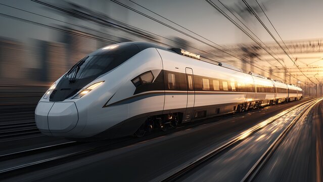 Modern High Speed Train Running on Railway at Sunset, Motion Blur Transportation Technology Concept