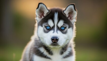 Majestic Husky Portrait: A captivating close-up of a stunning Husky puppy, with piercing blue eyes, exudes a sense of serene confidence and loyalty. 