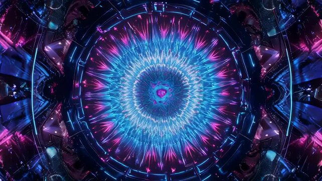 Intricate neon fractal mandala explodes with vivid blues, pinks, and purples