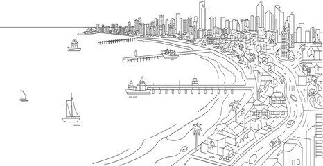 Obraz premium A detailed black and white line of a coastal city with ships, buildings, and palm trees line coastal city