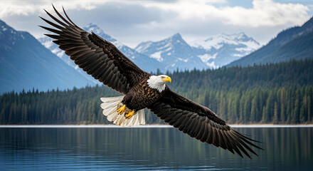 Obraz premium majestic bald eagle soars gracefully with outstretched wings over a serene mountain lake.