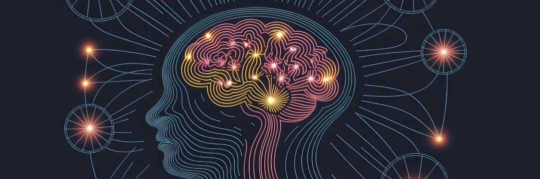 Abstract human head outline with glowing neural network brain connections, modern technology background banner with copy space