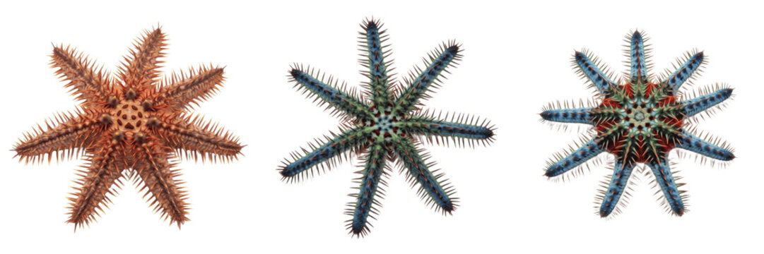 Crown-of-thorns starfish isolated on white background, Acanthaster planci, thorny crown starfish, coral reef predator, marine invertebrate, underwater sea creature, soft-bodied ocean animal, tentacle 