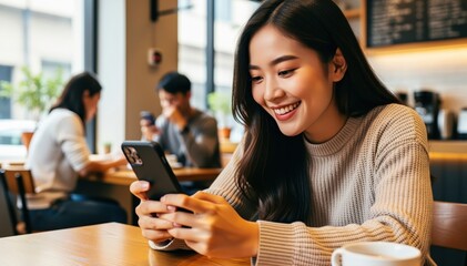 Connected Moment: A young, radiant individual is captivated by the contents of their mobile phone, sharing a moment of connection at a local cafe.