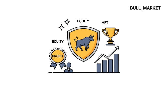 Stock market bull concept illustration rising graph trophy shield bull