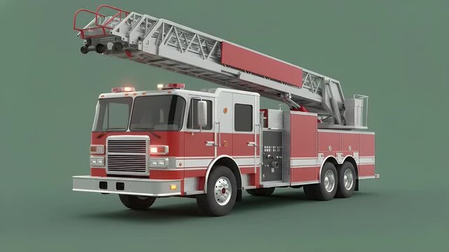 Red and white modern fire truck with extended ladder for emergency services and urban safety.