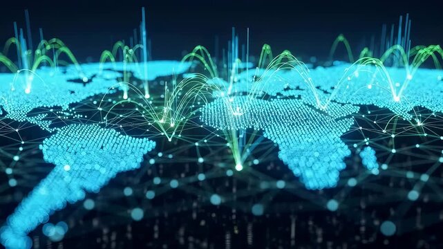 Animated world map showing a global network with connecting light paths and data flow for modern communication technology concept.