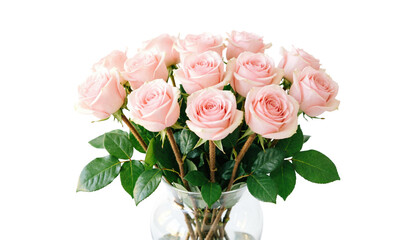 Elegant light pink roses bouquet in a glass vase, romantic floral arrangement for wedding and Valentine s Day design