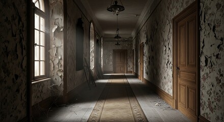 Fototapeta premium Dilapidated interior hallway with peeling paint and natural light architectural design
