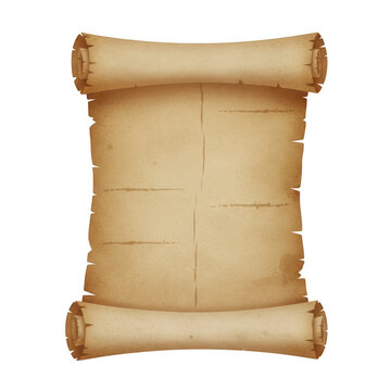 3D rendered vintage parchment scroll with rolled edges isolated on transparent background