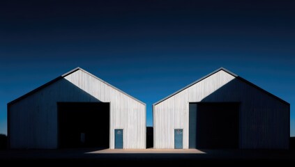 Obraz premium Symmetrical barns with open bays, bathed in stark sunlight under a deep blue sky