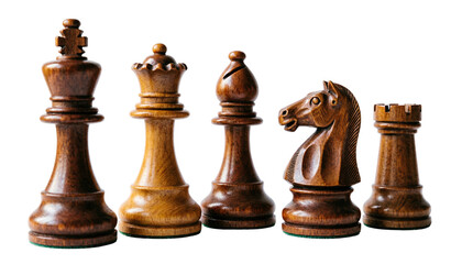 Wooden chess pieces, king queen bishop knight rook for board game strategy and design