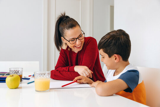 Smiling mother tutoring young son at home
