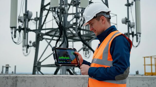 Technician in hard hat checks spectrum analyzer on rugged tablet near cell tower