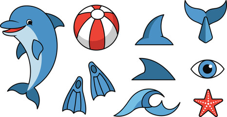 Sea life set with a cute dolphin, beach ball, shark fins, flippers, starfish and water waves isolated on white background. © Mukta  Creative