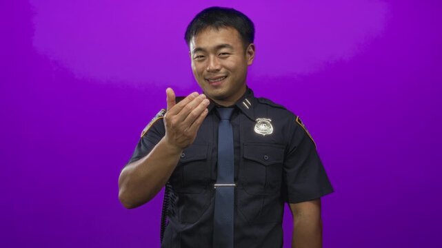 Young smiling chinese policeman wearing visible badge in dark uniform shows thumbs up gesture in purple studio; confidence.
