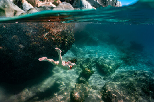 Woman Snorkeling Underwater at the Baths Virgin Gorda BVI Caribbean