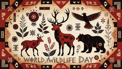 Fototapeta premium World wildlife day banner with deer, bear, and raven in folk art style, celebrating indigenous culture and animal preservation