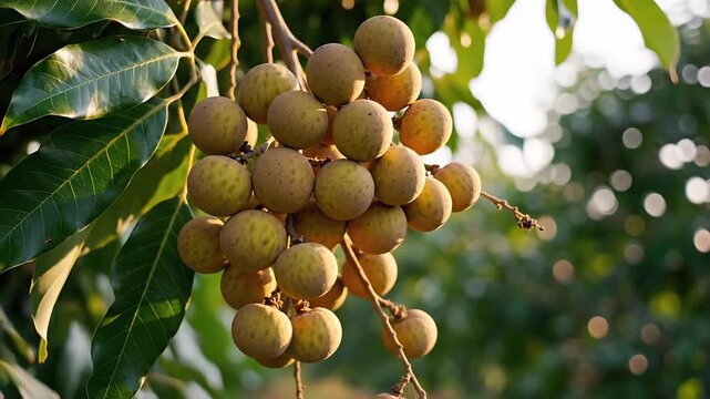 A cluster of longan fruit hanging from a tree branch with green leaves, with bright natural lighting 