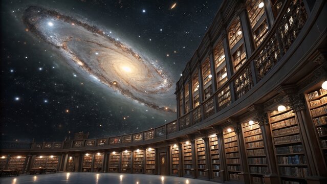 A stunning galaxy floats above a majestic library with numerous bookshelves and a large reading area