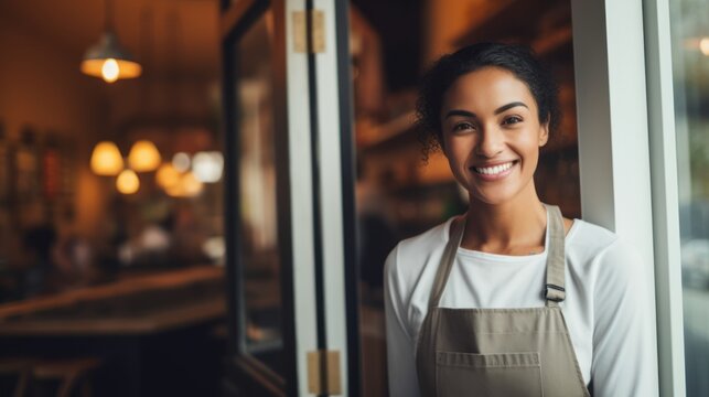 Portrait of a happy owner standing at the door of cefe shop, a cheerful adult waiter waiting for customers at a coffee shop, successful small business owner, professional, service