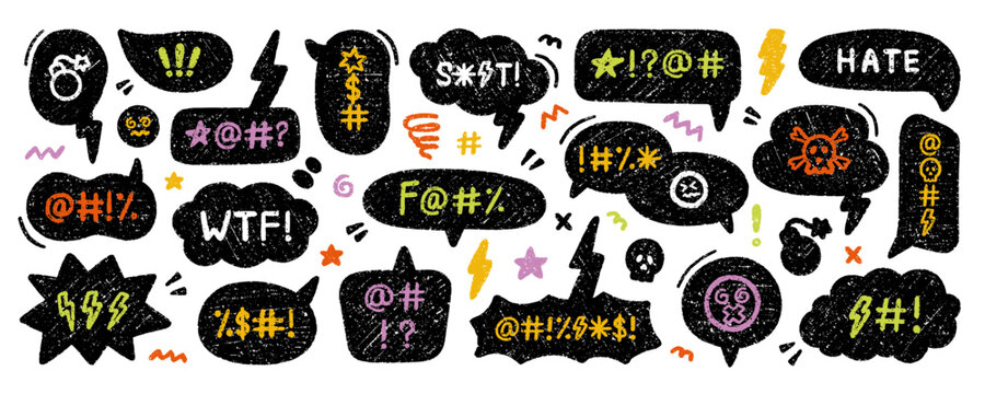 Comic crayon speech bubble with swear word and hate doodle. Hand drawn chalk grumpy text balloon with curse or insult in sketch style. Pencil rude profanity censorship in scribble talk cloud