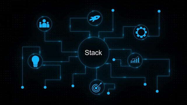 Technology Stack Concept with Interconnected on Dark Background software stack tech infrastructure network architecture