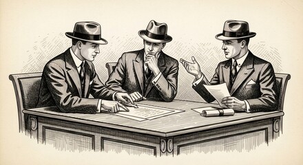 Vintage Illustration of Three Gentlemen in Suits and Fedoras Having a Business Meeting at a Desk