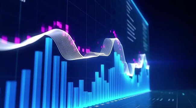 Financial data analysis visualization on screen display with graphs and charts