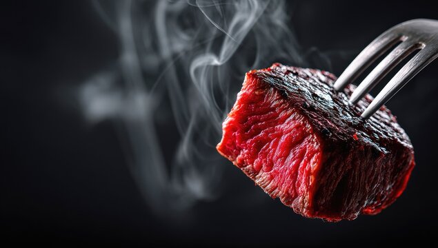 A succulent, grilled steak piece impaled on a fork, steaming