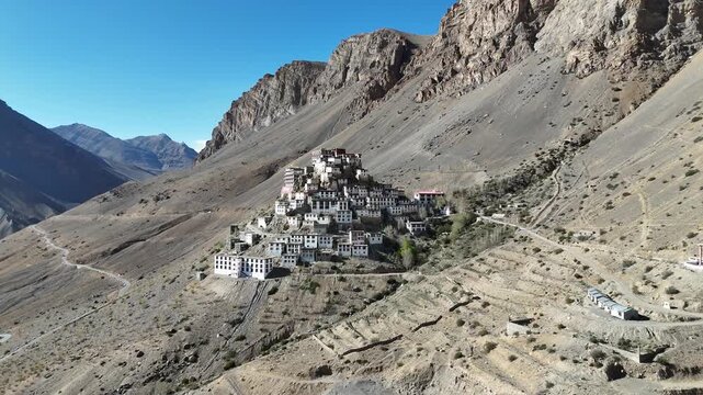 Aerial View of Key Gompa Surrounded by Rugged Mountains