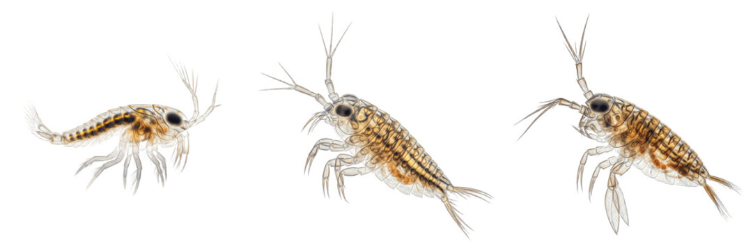 Copepod isolated on white background, Copepoda, marine copepod, planktonic crustacean, underwater microfauna, ocean wildlife photo, copepod closeup, ocean ecosystem, marine micro animal, aquatic wild