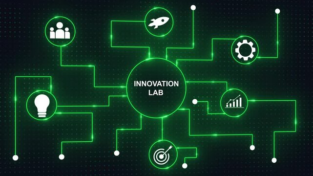 Innovation Lab Concept with Glowing Green Circuitry and Business on Dark Background business innovation