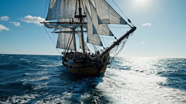 Sailing ship navigating the ocean under a bright sunny sky.