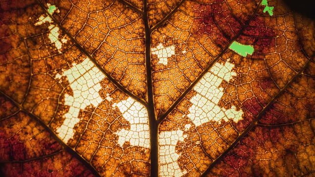 Close-up of a decaying leaf with intricate veins and patterns.