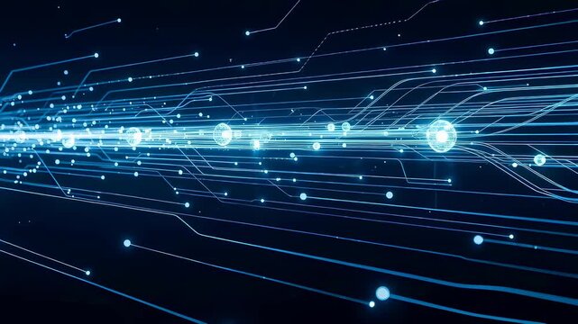Abstract blue glowing lines and dots creating data flow movement. Digital quantum technology for internet communication and virtual reality.