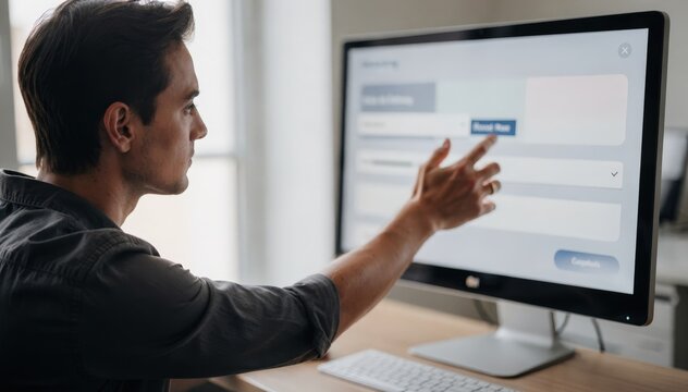 Medium shot of a basic user selecting language preference from a dropdown menu in a settings panel sliders and other toggles softly out of focus.