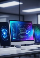 A modern digital workspace featuring multiple screens displaying abstract code interfaces and intelligent assistance visuals, monitors, environment, development