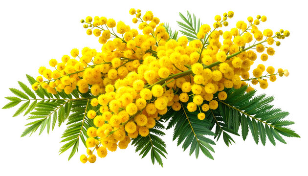 Isolated flowering mimosa tree branch, abundant yellow blossoms and green foliage, natural sunlight, transparent background 