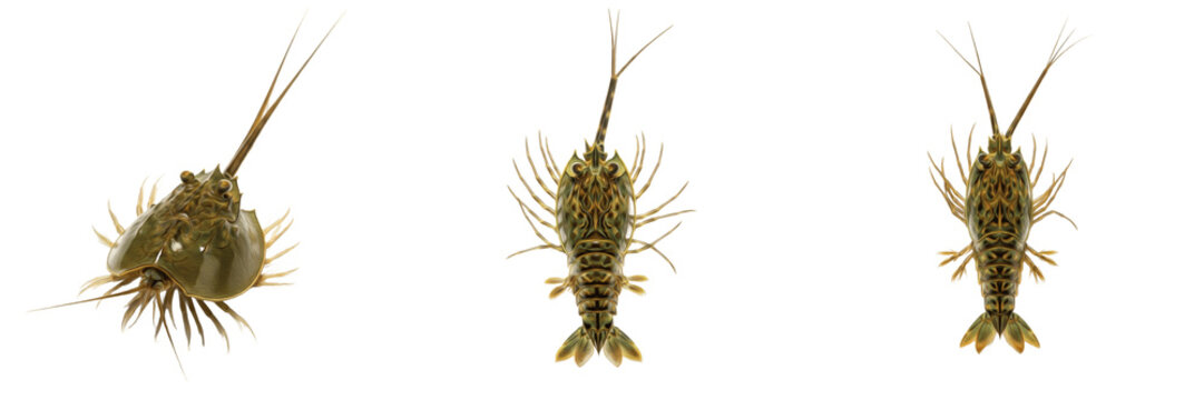 Horseshoe shrimp isolated on white background, Triops, marine tadpole shrimp, freshwater crustacean, ancient arthropod, ocean wildlife, shrimp closeup, aquatic wildlife, ocean ecosystem, crustacean