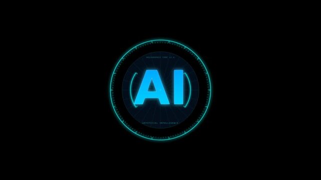 A futuristic blue circular interface displaying the letters AI, surrounded by glowing digital elements