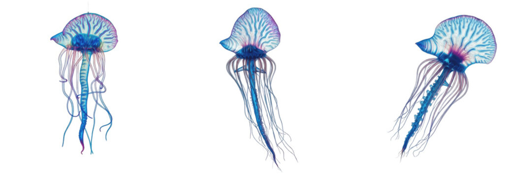 Portuguese man-of-war isolated on white background, Physalia physalis, marine siphonophore, venomous colonial organism, ocean jelly, underwater wildlife, man-of-war closeup, ocean ecosystem, marine