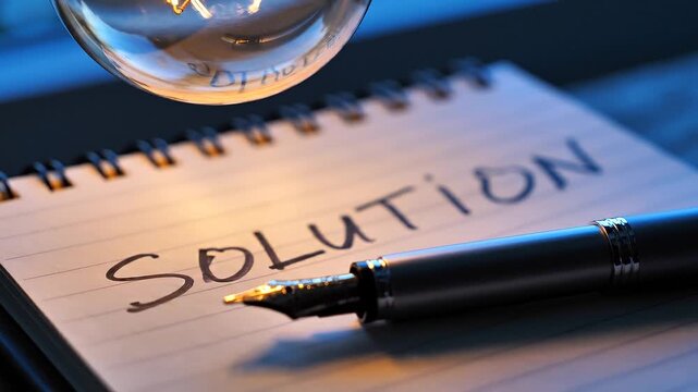 An illuminated light bulb above a notebook written with solution and a pen video