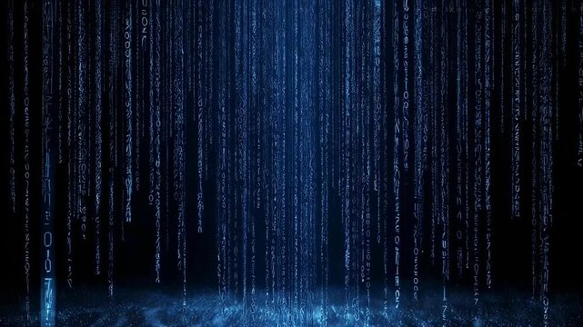 Cascading digital rain of blue code against a dark background with glowing particles