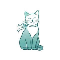 Obraz premium Adorable teal cartoon cat with a ribbon, smiling expression, and soft gradient, ideal for children's books or pet-related design projects