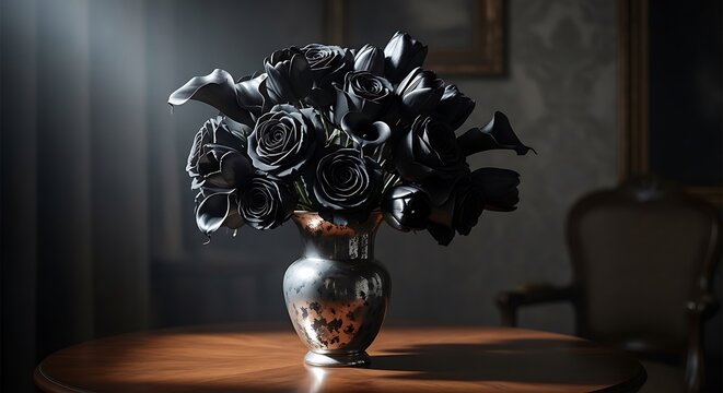 Elegant black roses in silver vase on wooden table with dramatic lighting
