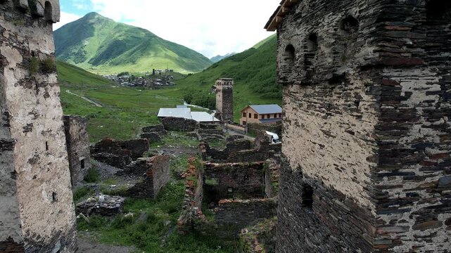 Aerial view of the Svan towers in Svaneti, Georgia.