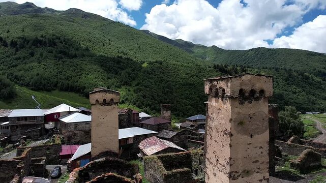 Aerial view of the Svan towers in Svaneti, Georgia.