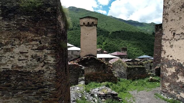Aerial view of the Svan towers in Svaneti, Georgia.